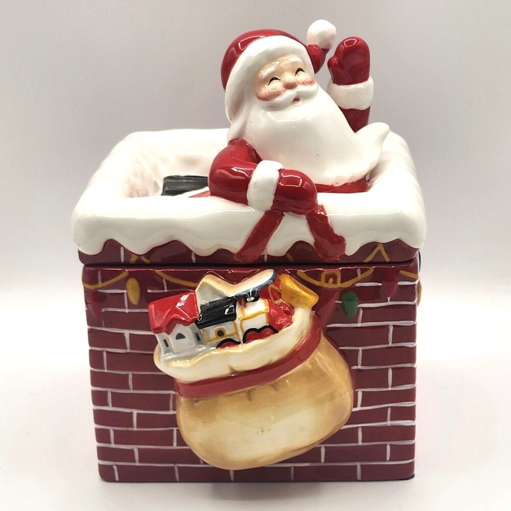 Vtg Santa Down the Chimney Cookie or Candy Jar Ceramic Jackson & Perkins Holiday
